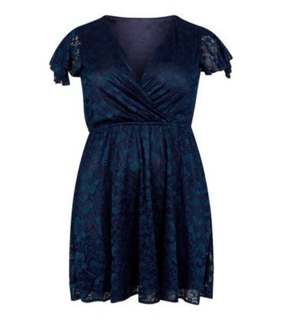 Mela Curves Navy Lace Frill Sleeve Dress New Look