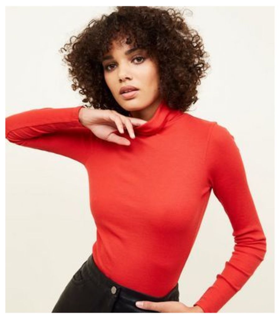 Red Ribbed Roll Neck Top New Look