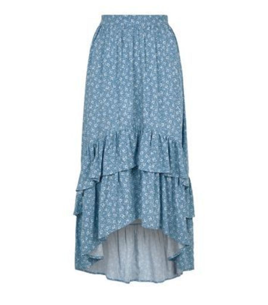 Blue Ditsy Floral Tiered Dip Hem Midi Skirt New Look