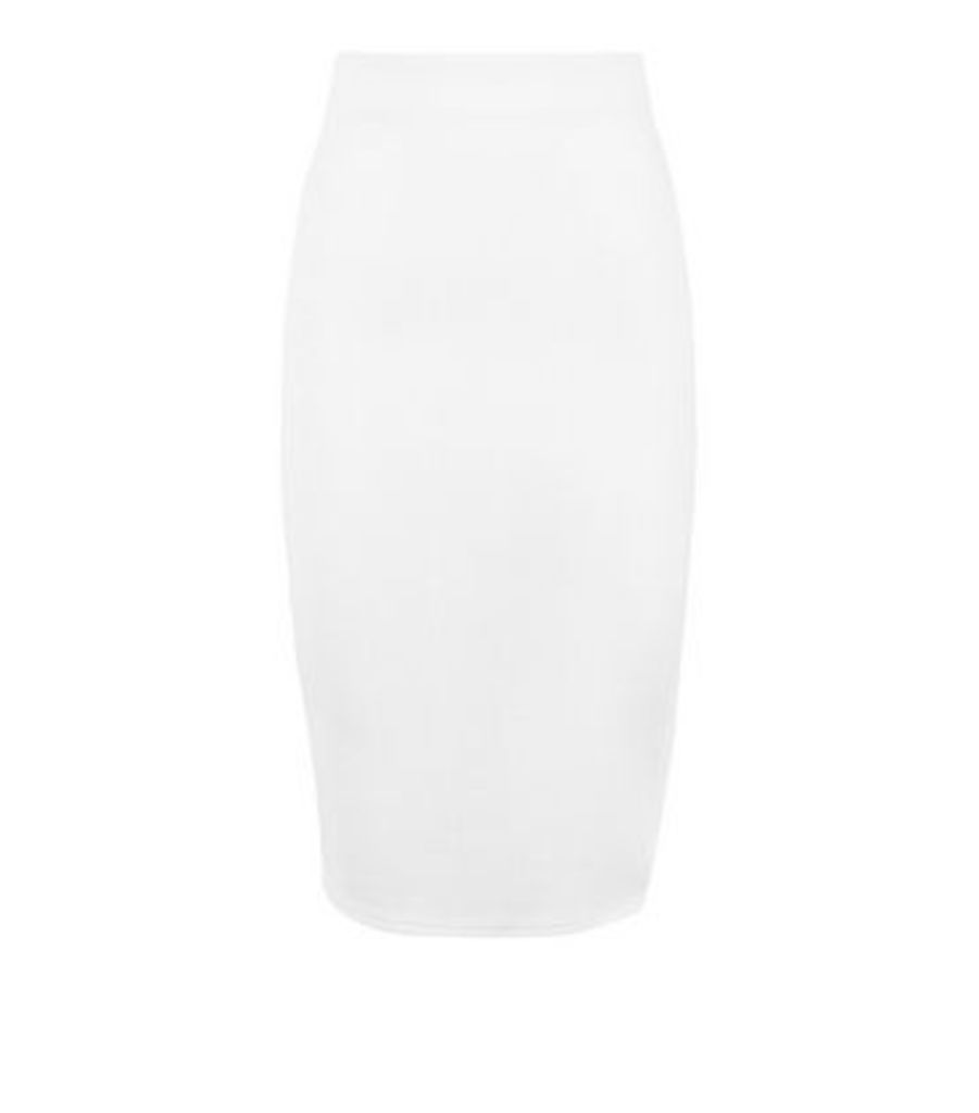 White Ribbed Side Split Midi Skirt New Look