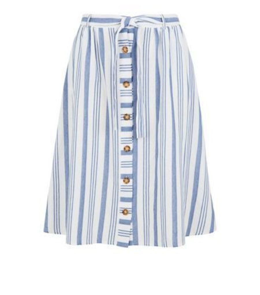 Curves White Stripe Linen Look Midi Skirt New Look