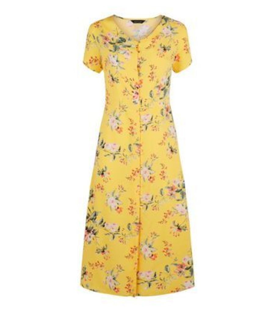 Yellow Floral Button Up Tea Midi Dress New Look