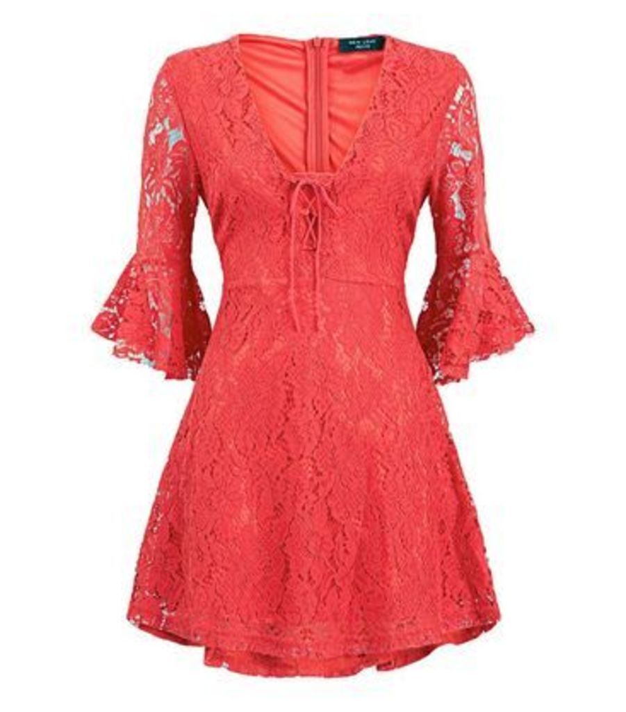 Petite Red Lace Frill Sleeve Skater Dress New Look