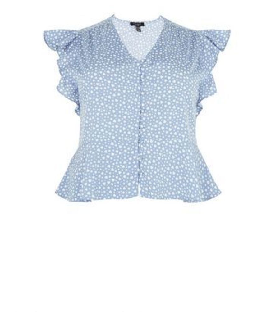 Curves Blue Heart Button Up Frill Trim Blouse New Look