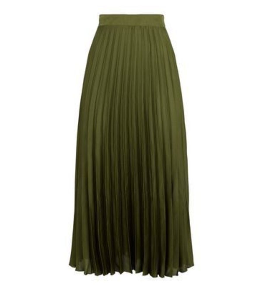 Green Pleated Satin Midi Skirt New Look