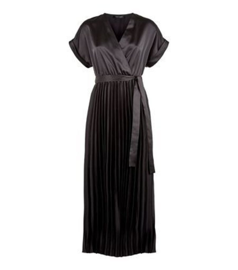Black Satin Pleated Midi Dress New Look