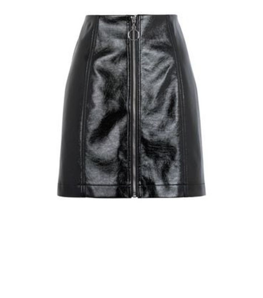Black Vinyl Ring Zip Mini Skirt New Look