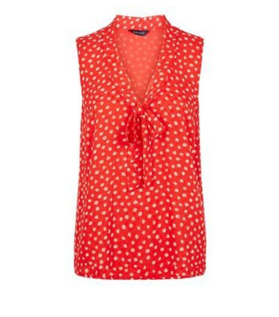 Red Ditsy Floral Tie Neck Blouse New Look
