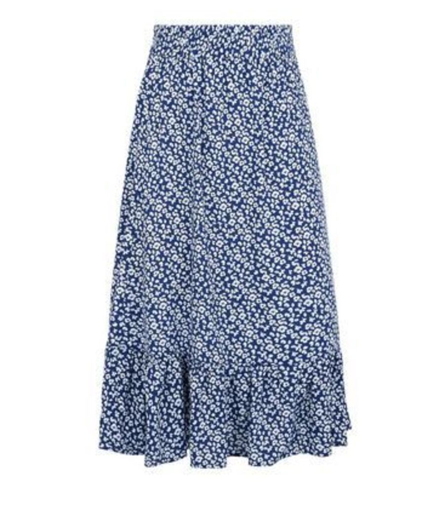 JDY Blue Floral Frill Trim Midi Skirt New Look