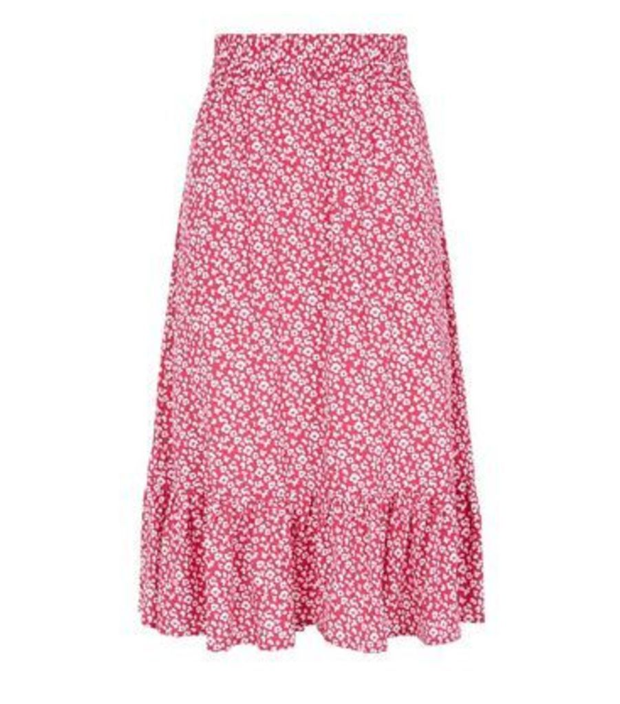 Pink Floral Frill Trim Midi Skirt New Look