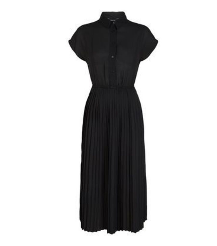 Black Pleated Midi Shirt Dress New Look