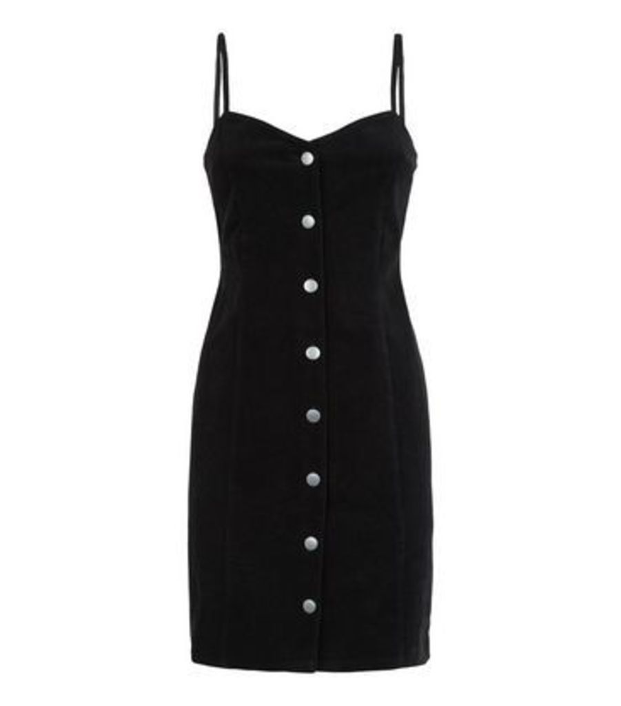 Black Corduroy Button Up Pinafore Dress New Look