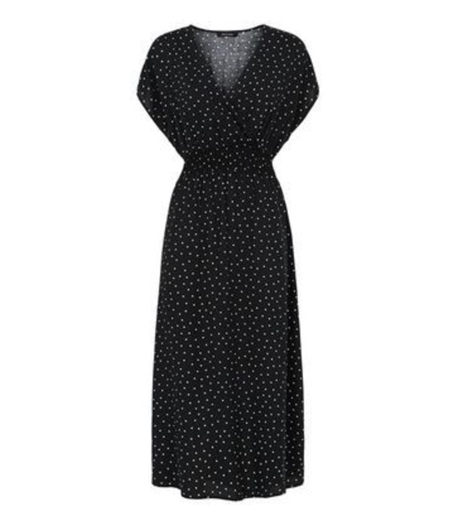 Black Spot Shirred Waist Wrap Midi Dress New Look