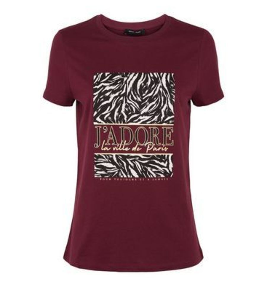 Burgundy Animal J'Adore Slogan T-Shirt New Look