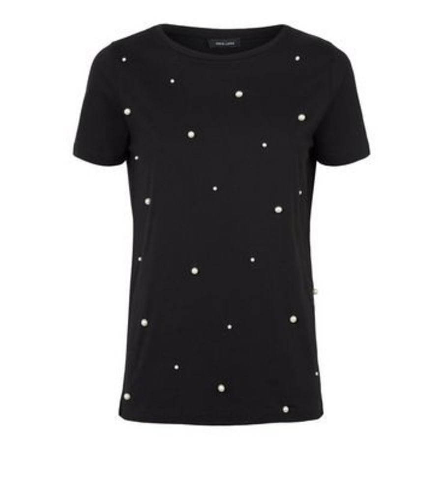 Black Faux Pearl Embellished T-Shirt New Look