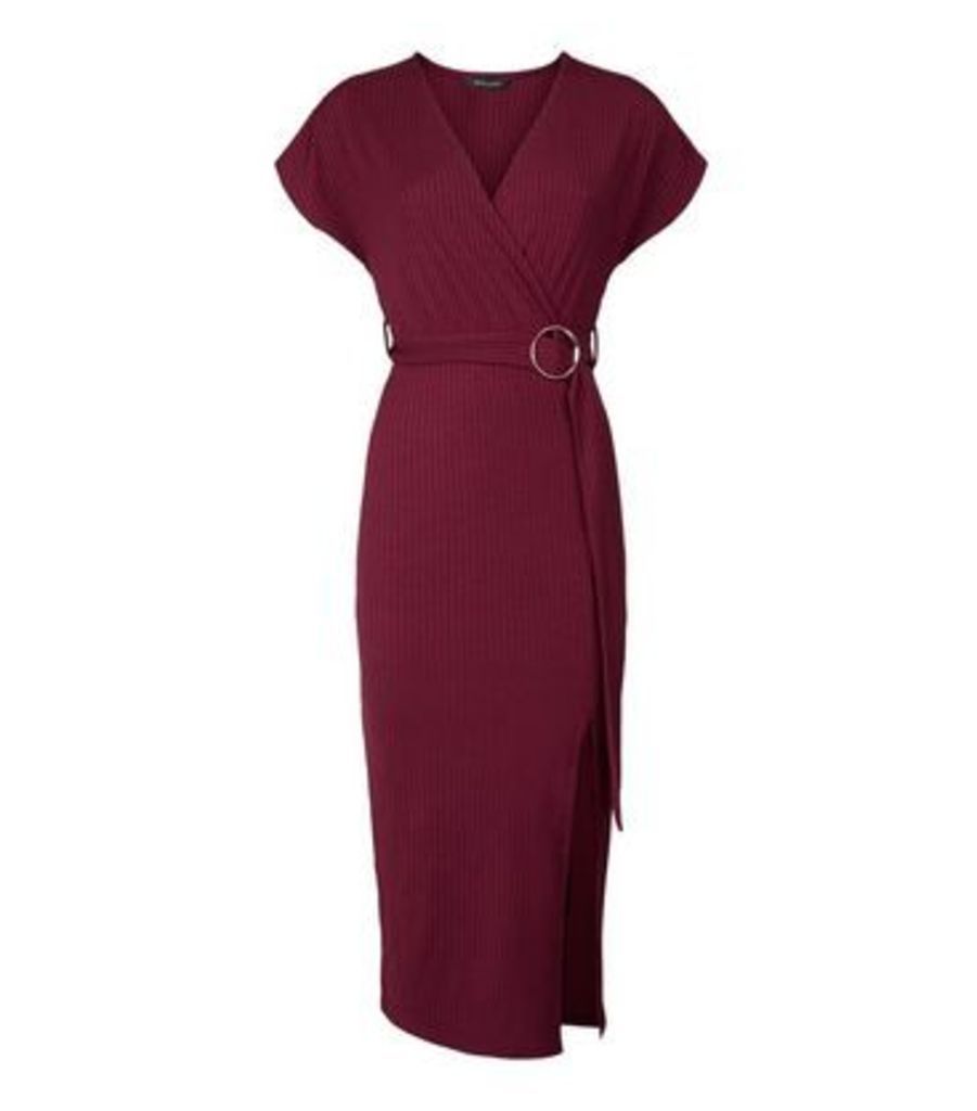 Burgundy Ribbed Belted Wrap Midi Dress New Look