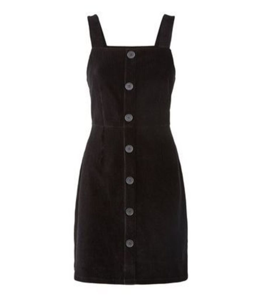Black Corduroy Button Front Pinafore Dress New Look