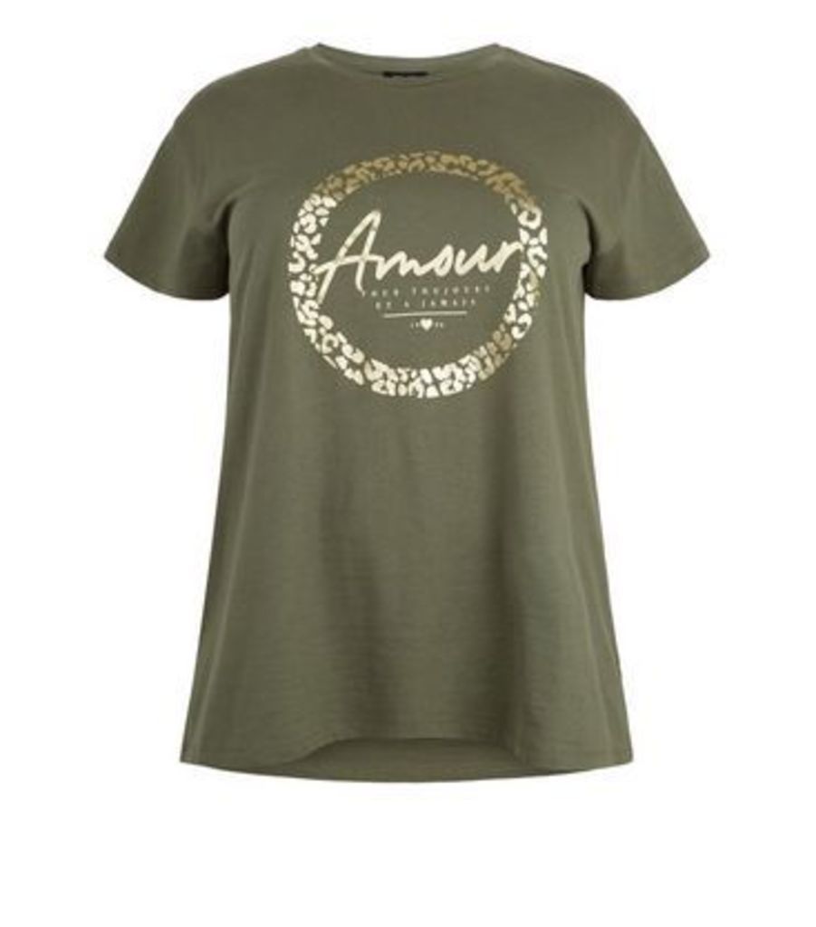 Curves Khaki Armour Metallic Slogan T-Shirt New Look
