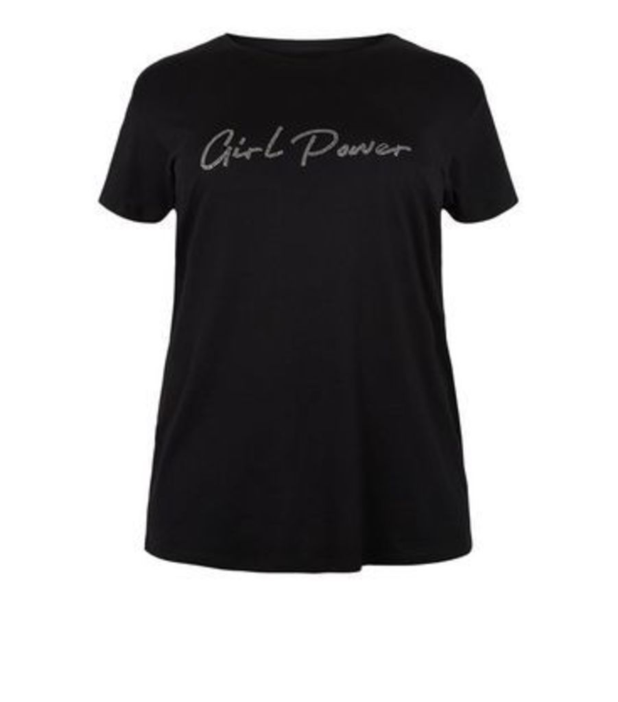 Curves Black Gem Girl Power Slogan T-Shirt New Look