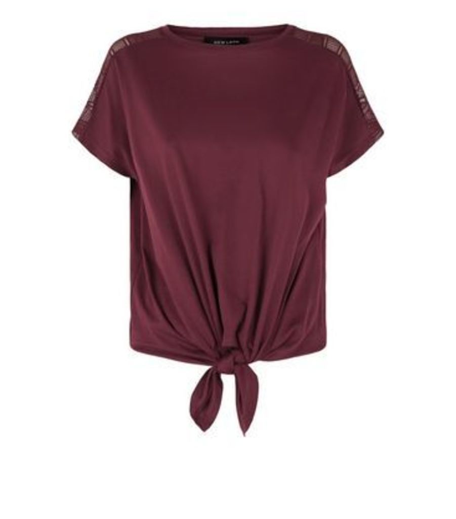 Burgundy Lace Trim Tie Front T-Shirt New Look
