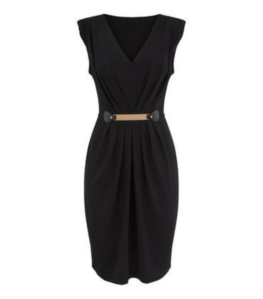 Black Ruched Waist Belted Dress New Look