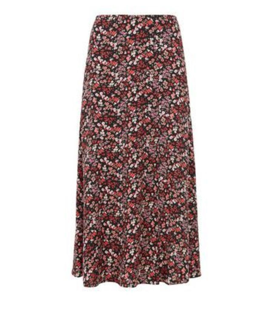 Black Floral Side Split Midi Skirt New Look