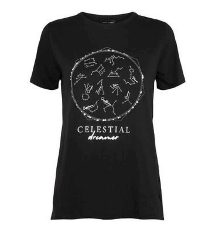 Black Celestial Metallic Horoscope Slogan T-Shirt New Look
