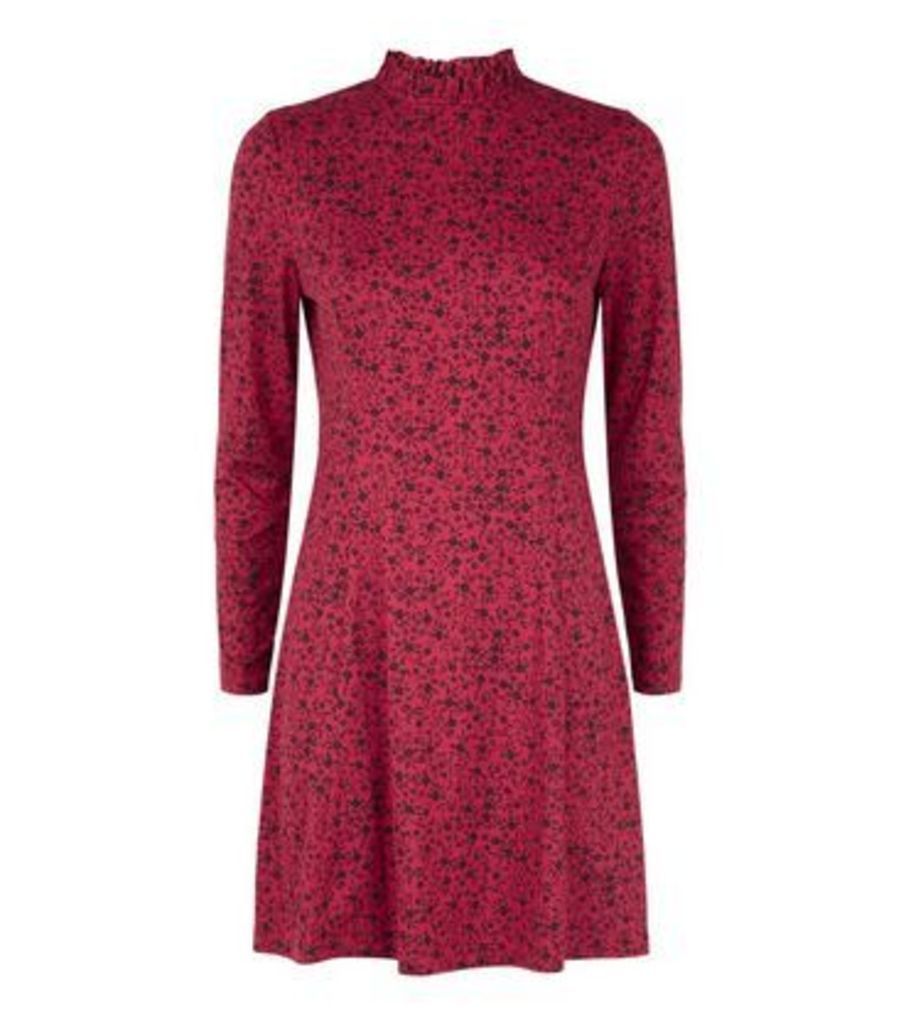 Petite Red Floral Soft Touch Long Sleeve Dress New Look
