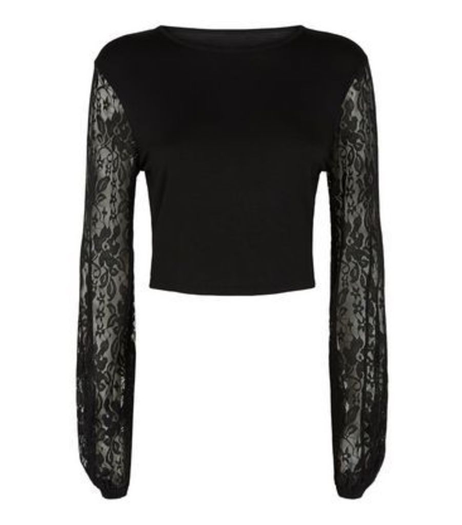Cameo Rose Black Lace Sleeve Top New Look