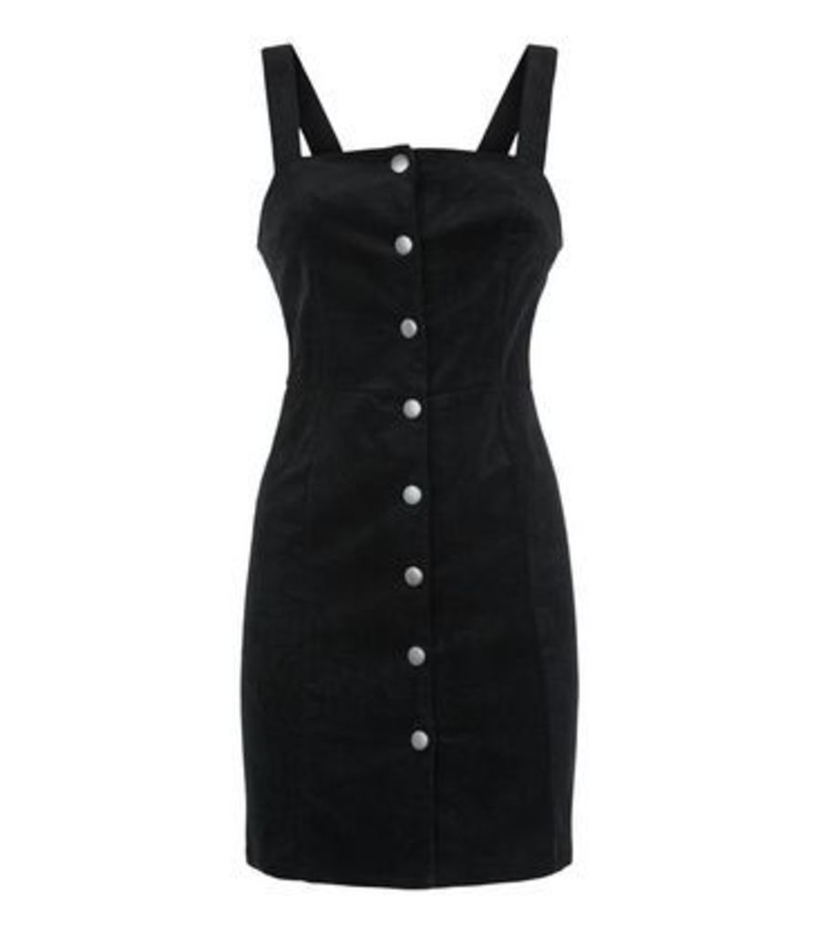 Black Stretch Corduroy Button Pinafore Dress New Look