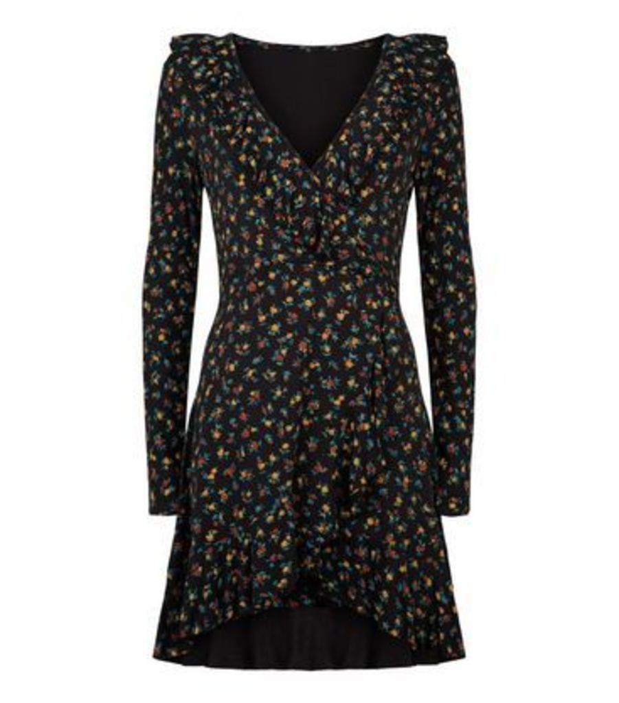 Black Ditsy Floral Wrap Dress New Look