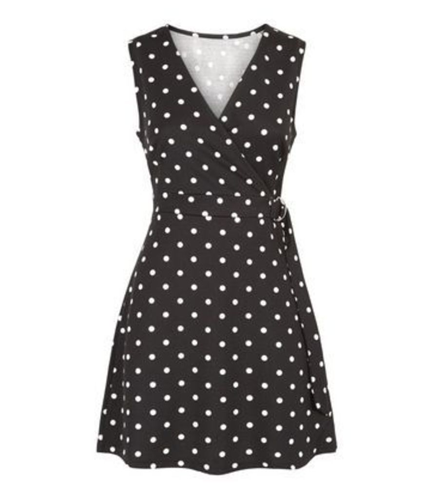 Black Polka Dot Ring Belted Wrap Dress New Look