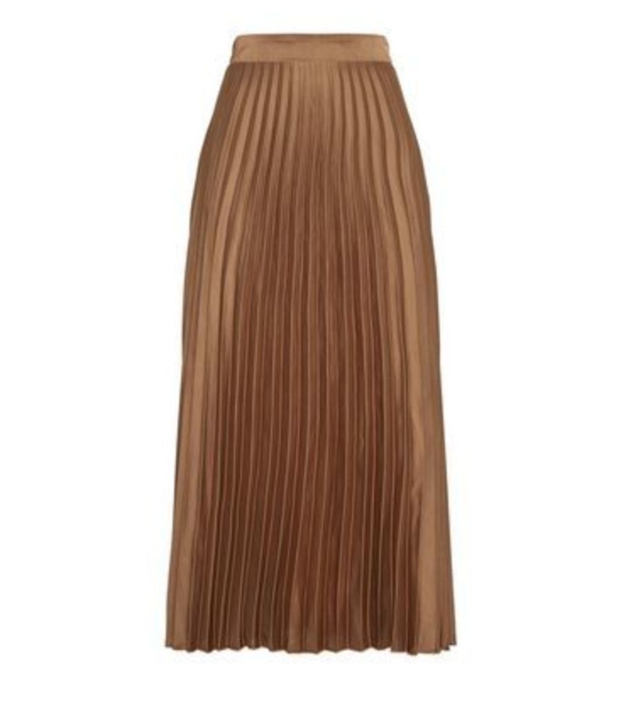 Light Brown Pleated Satin Midi Skirt New Look