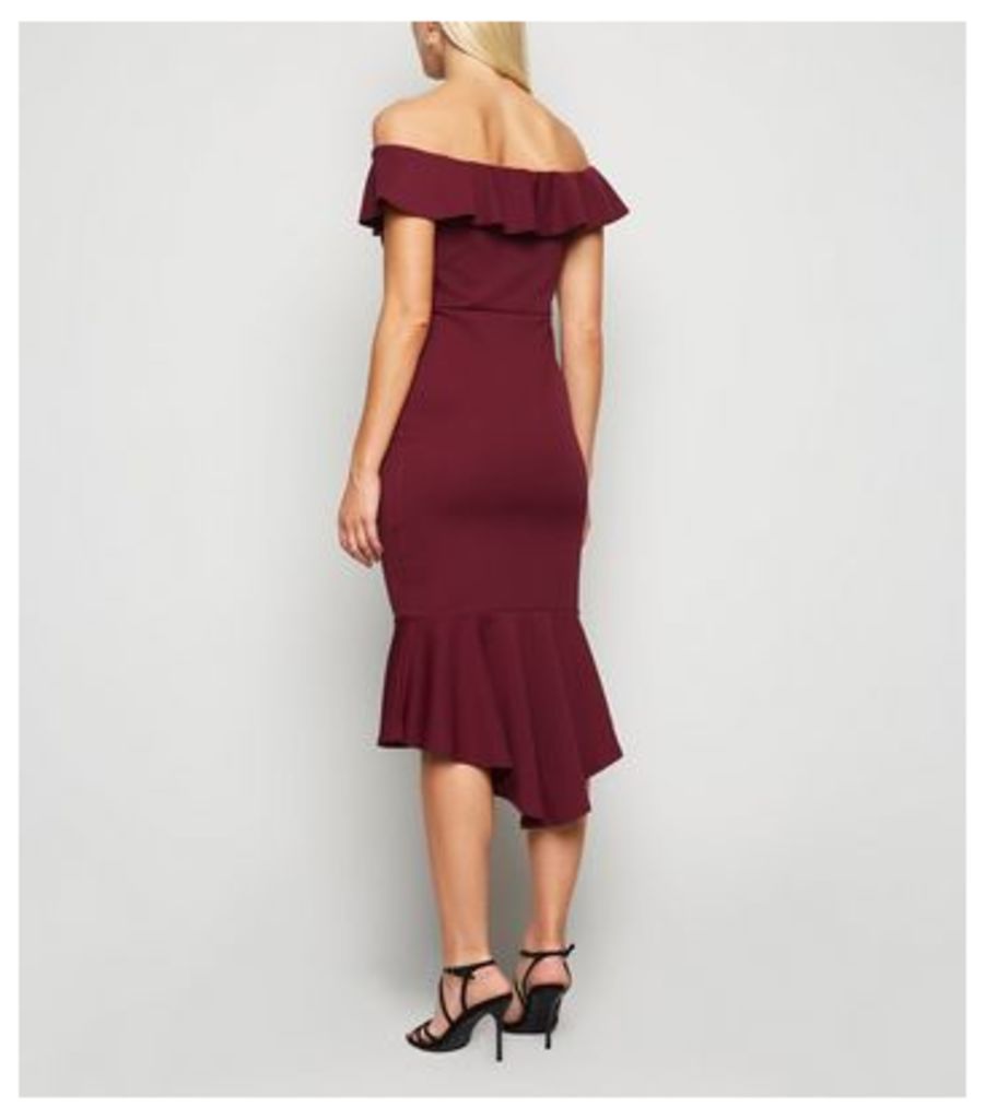 Burgundy Bardot Fishtail Midi Dress New Look