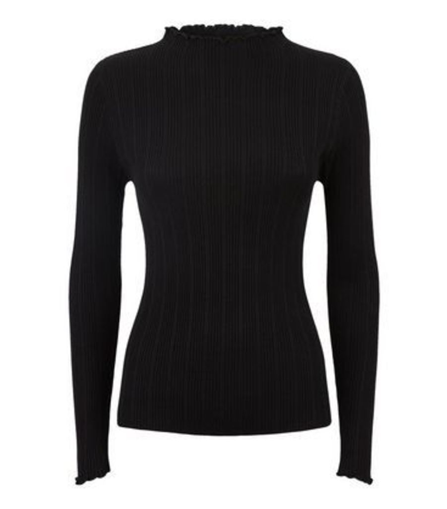 Black Ribbed Frill Trim Long Sleeve Top New Look