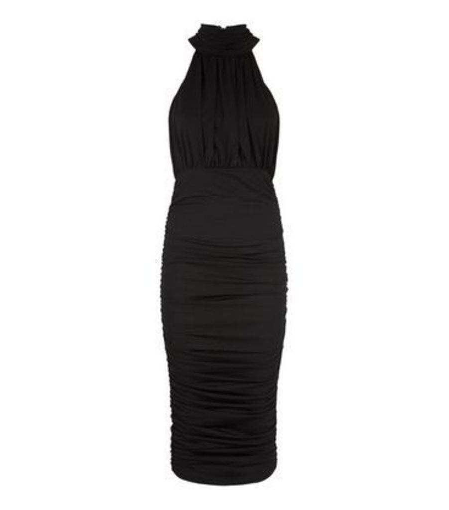Black Ruched High Neck Midi Dress New Look