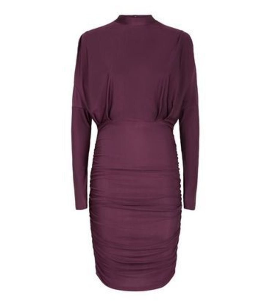 Burgundy Ruched High Neck Dress New Look