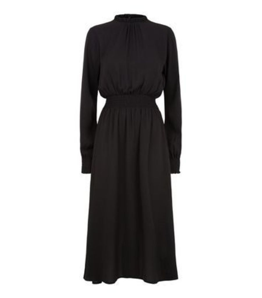 Black Shirred Waist Long Sleeve Midi Dress New Look