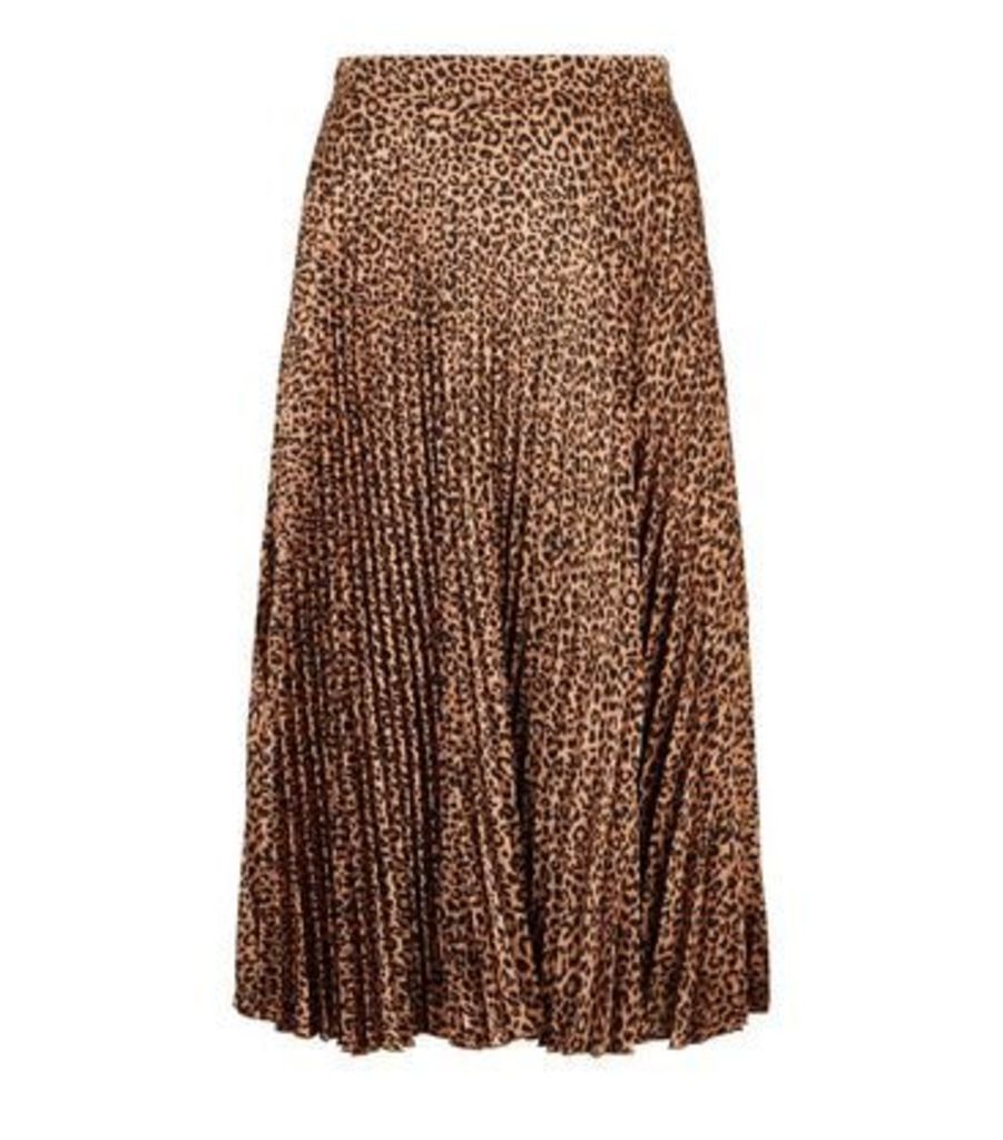 Curves Brown Satin Leopard Print Pleated Midi Skirt New Look