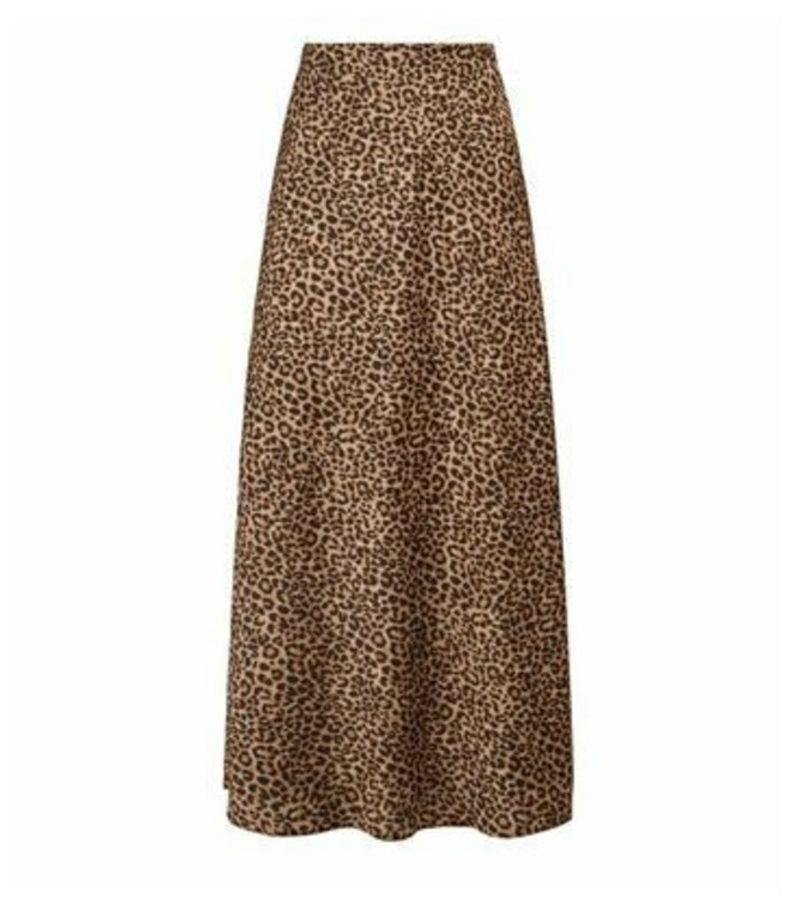 Brown Bias Cut Satin Leopard Print Midi Skirt New Look