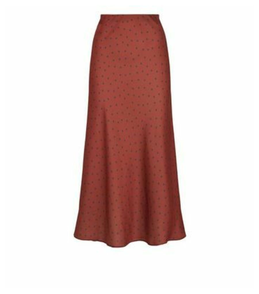 Rust Bias Cut Satin Spot Midi Skirt New Look