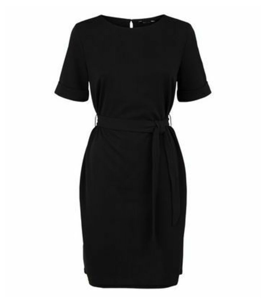 Black Crepe Belted Tunic Mini Dress New Look