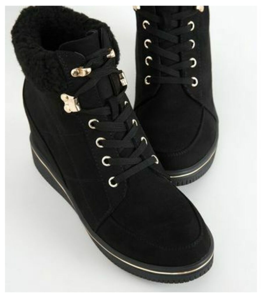 Black Suedette Lace Up Wedge Trainers New Look