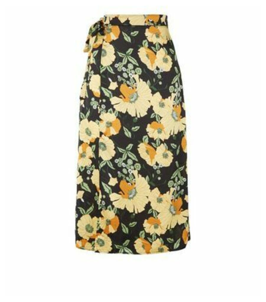 Urban Bliss Black Satin Floral Wrap Midi Skirt New Look
