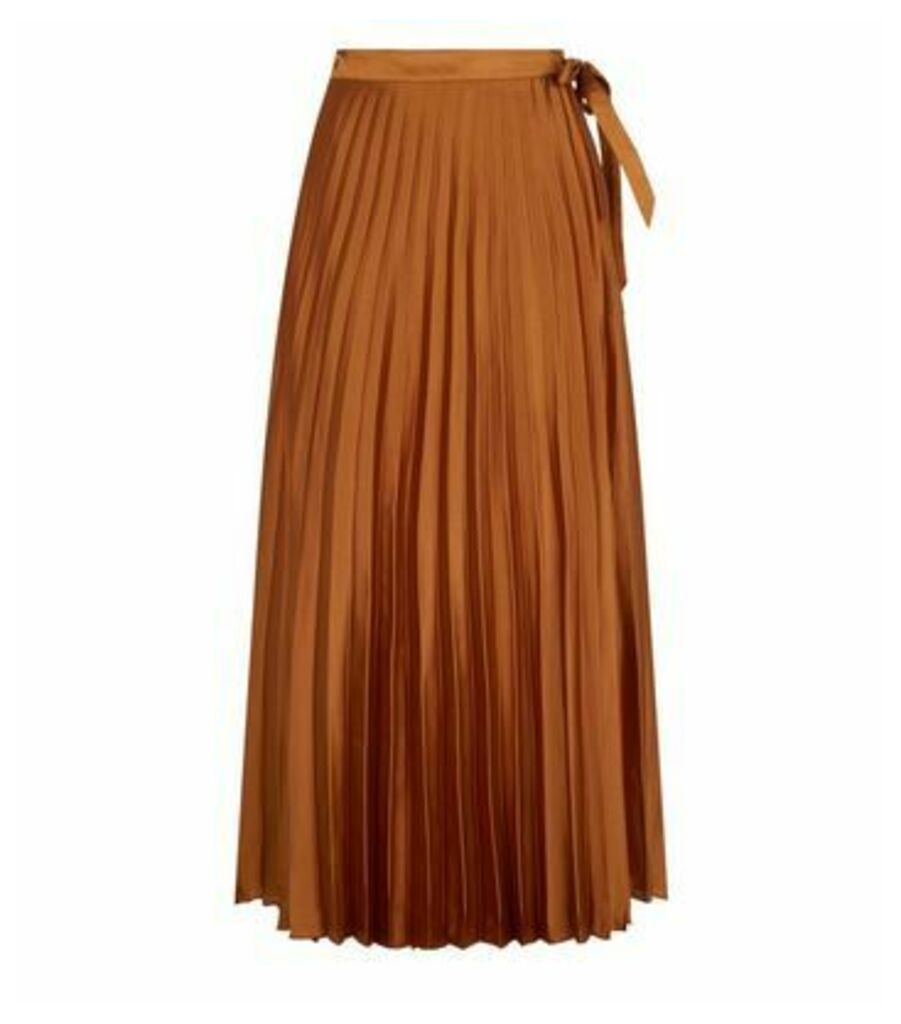 Rust Satin Pleated Wrap Midi Skirt New Look