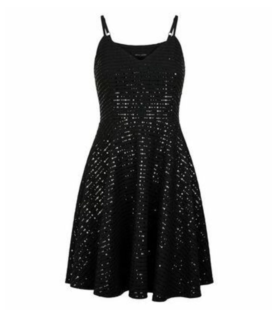 Black Sequin Strappy Skater Dress New Look