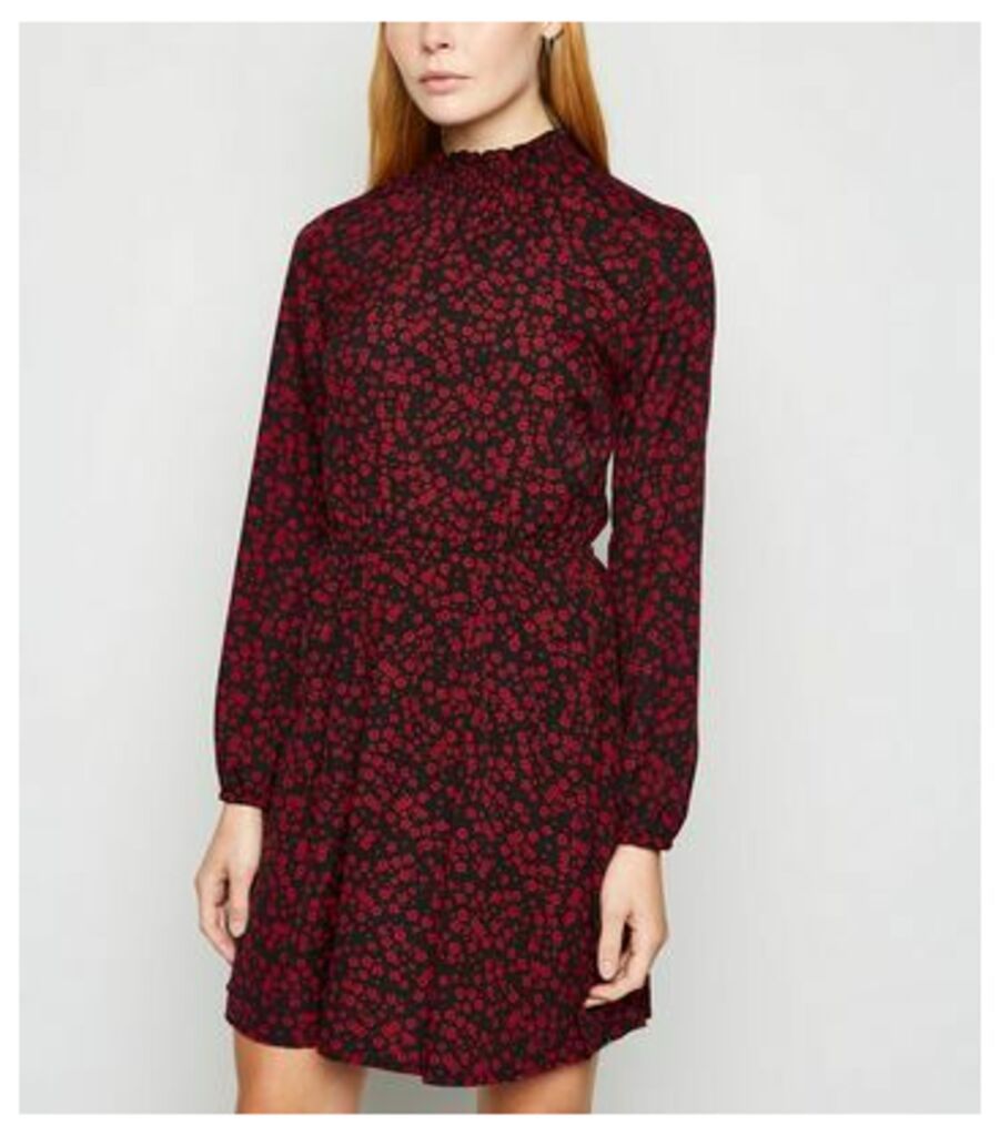 Red Floral Shirred High Neck Mini Dress New Look