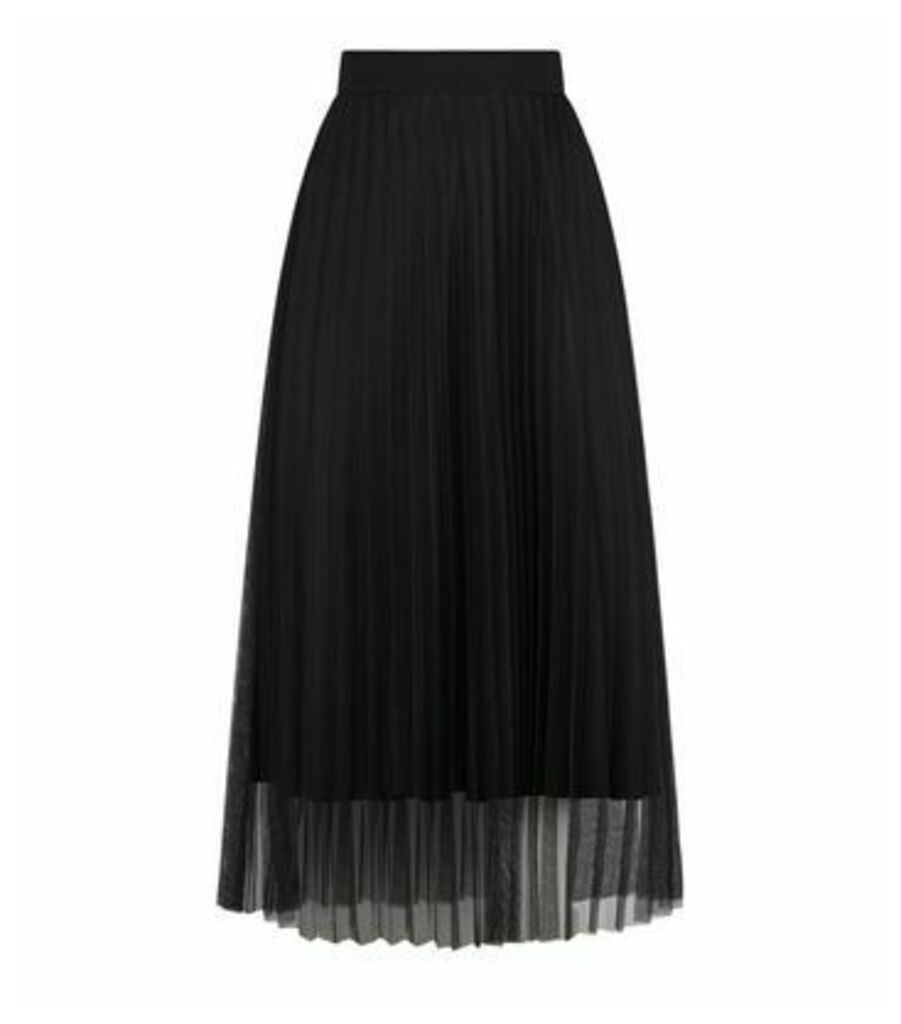 Black Mesh Pleated Midi Skirt New Look