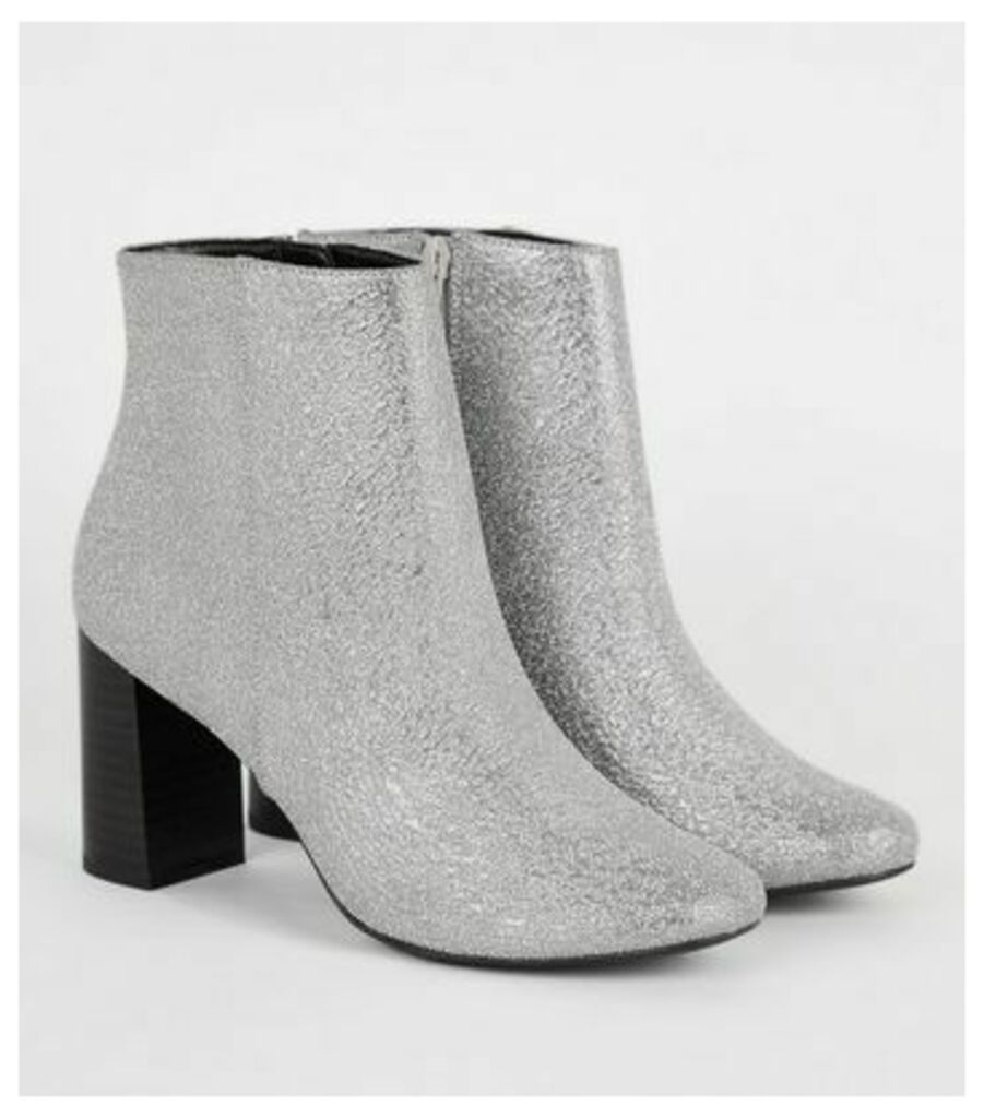 Silver Glitter Square Toe Heeled Ankle Boots New Look Vegan