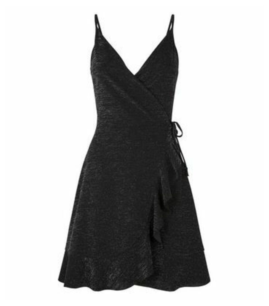 Black Glitter Strappy Frill Wrap Mini Dress New Look